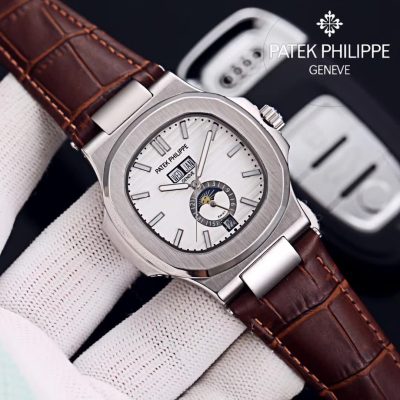 TheChronoLux - Patek Philippe Nautilus Annual Calendar 42mm Grey Dial Leather Strap, 13327427086834216