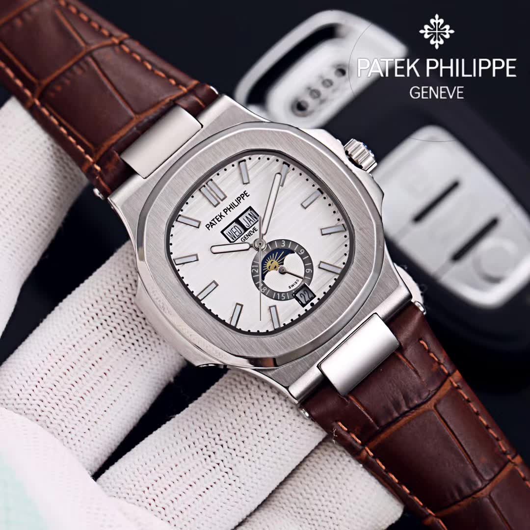 TheChronoLux - Patek Philippe Nautilus Annual Calendar 42mm Grey Dial Leather Strap, 13327427086834216
